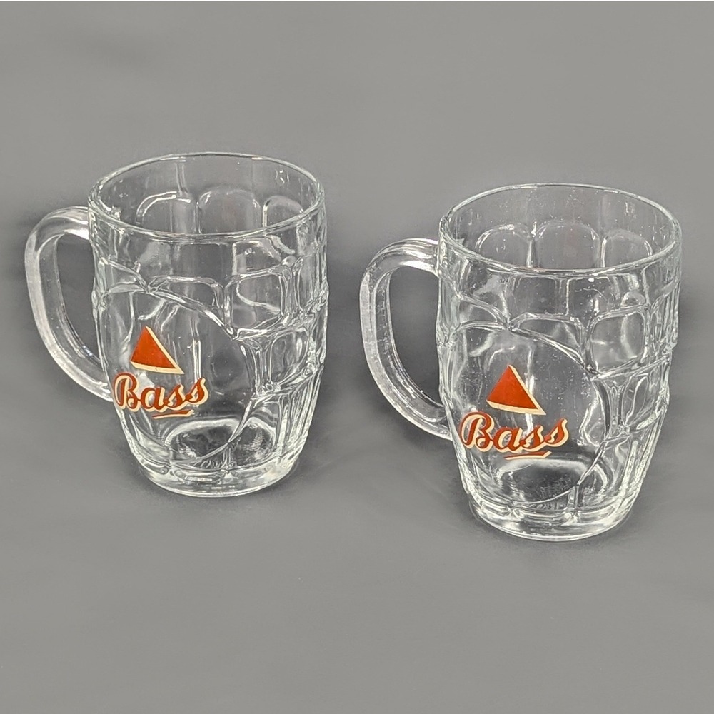 Bass Pale Ale Beer Mug Set 2 Dema England Dimpled Glass Red Triangle Logo 5 inch